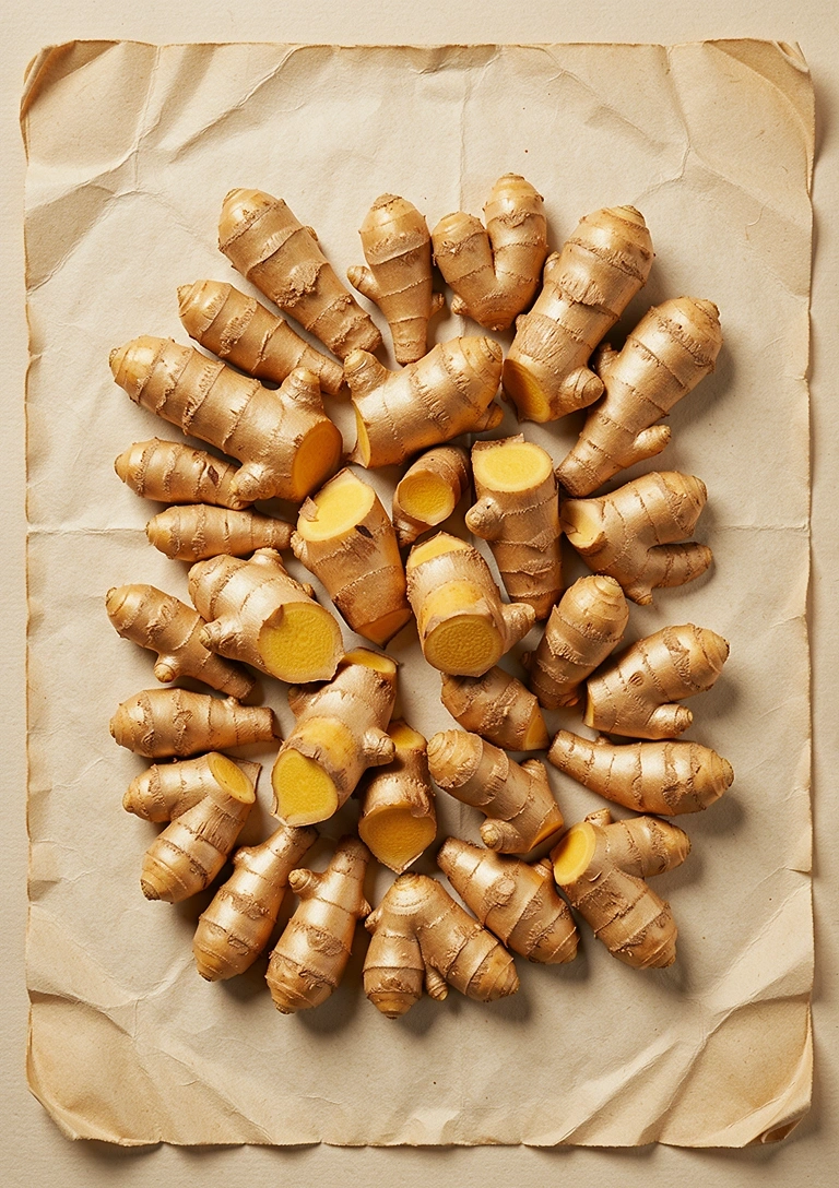 Botanical study of ginger and turmeric roots.